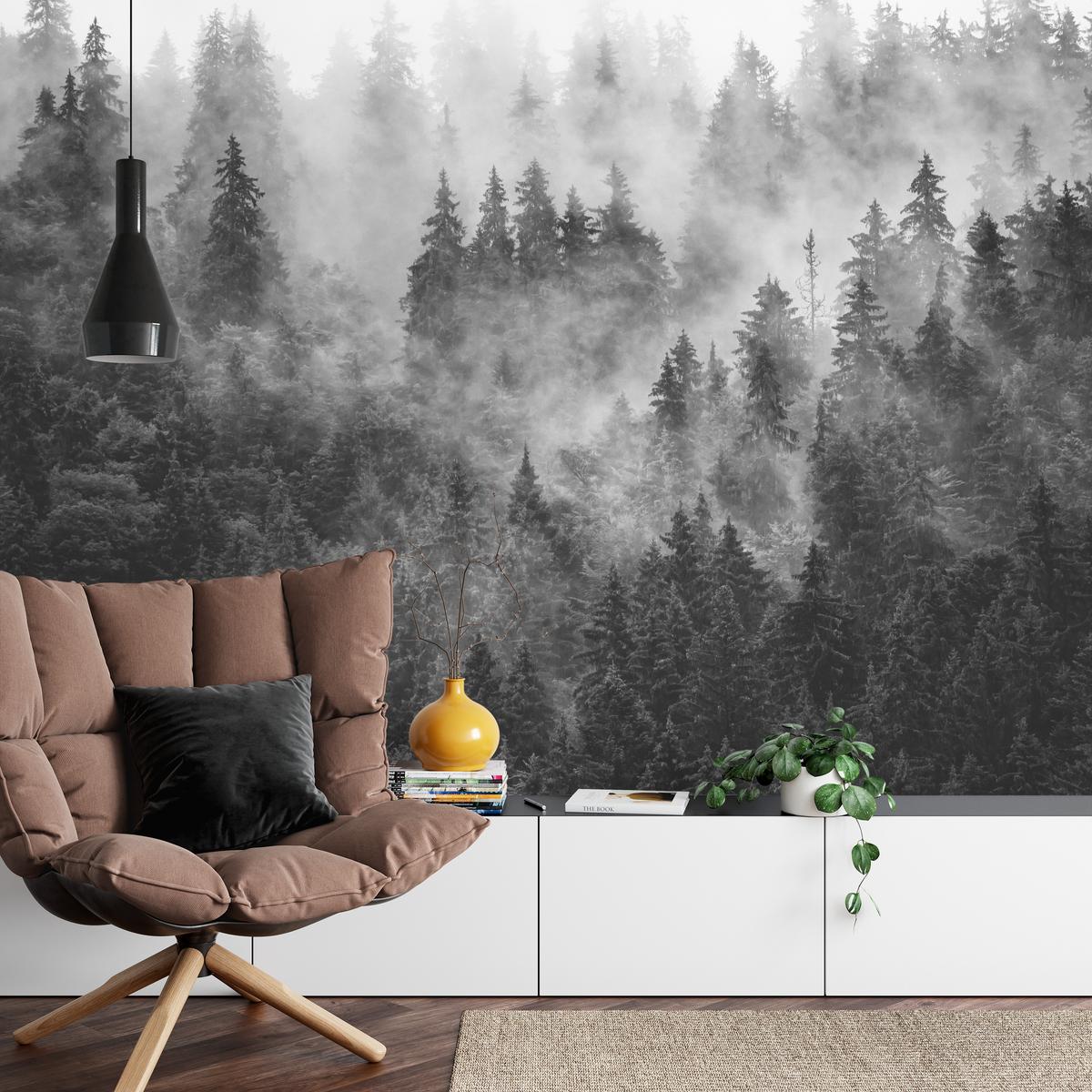 FOTOTAPETE für Wohnzimmer Dichter Nebel Forst Bäume 450x315 - Schwarz/Weiß, Papier (450/315cm) - Muralo