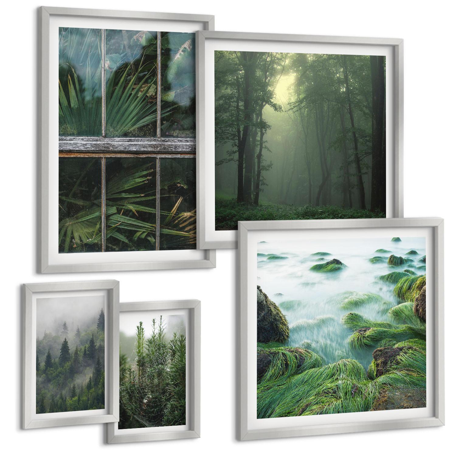 BILDER SET 5er Set - 50x50 cm & 20x30 cm & 40x60 cm Silberner Rahmen - Nahaufnahmen von Blättern sukkulenter Pflanzen - Silberfarben, Kunststoff (40/60cm) - TULUP