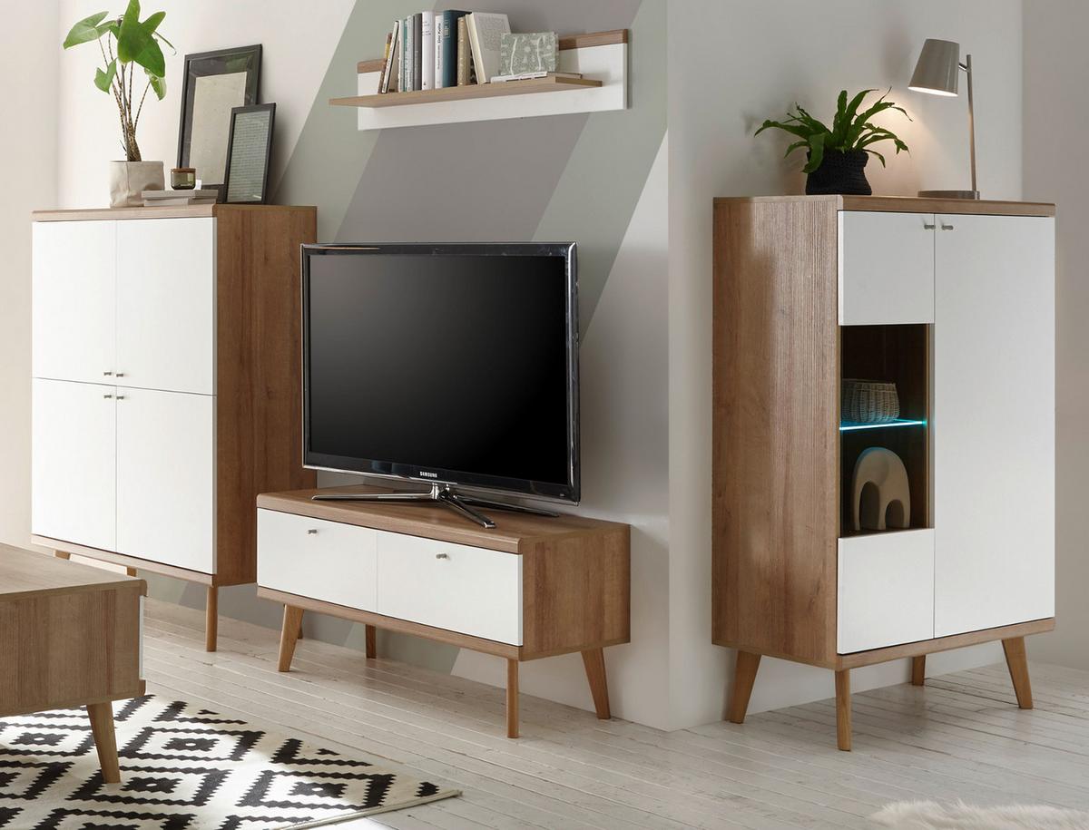 WOHNWAND weiß Eiche Riviera, Schrankwand skandinavisch 4-teilig 324 x 160 cm - Eichefarben/Weiß, Holzwerkstoff/Metall (324/160/40cm)