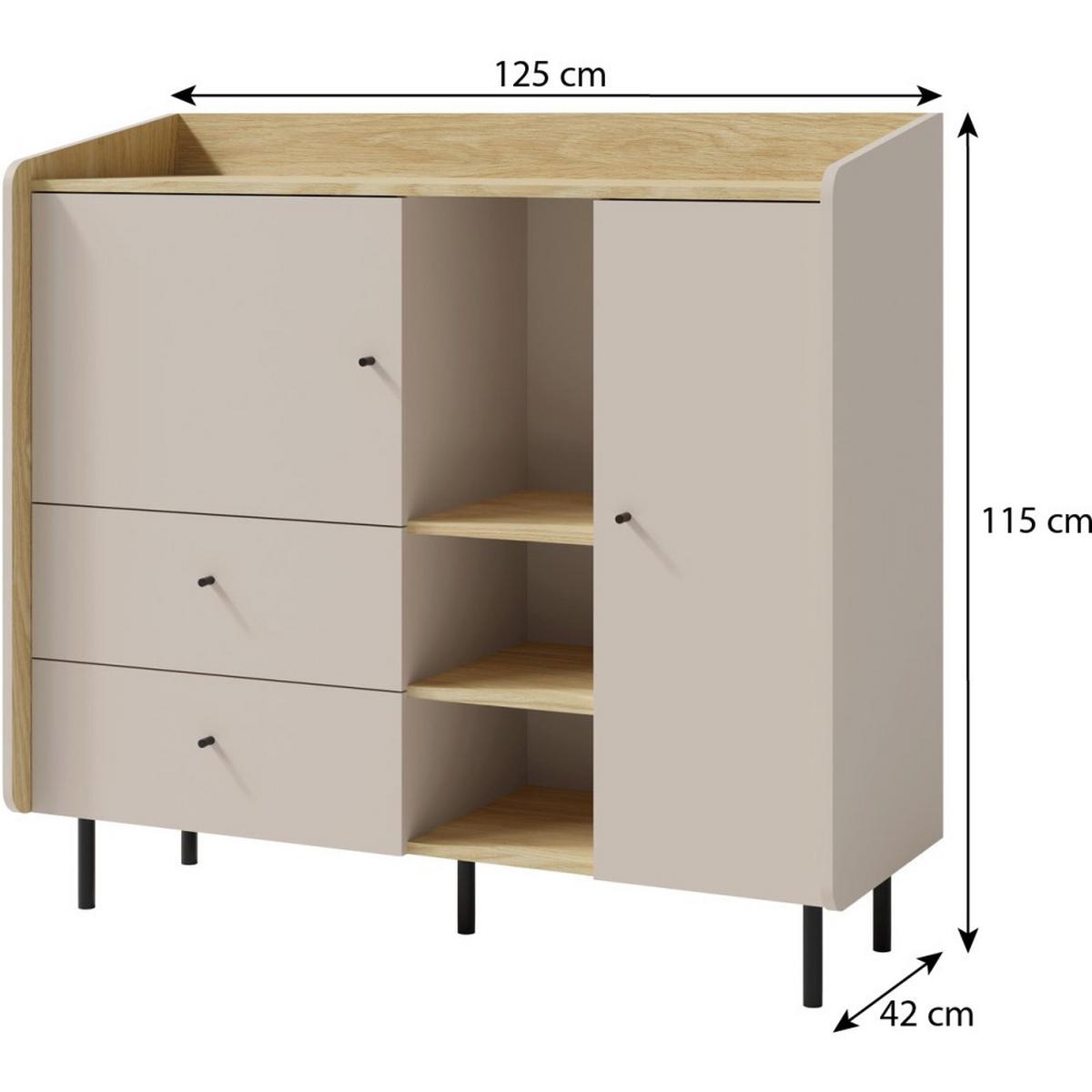 KOMMODE Alex mit 1 Tür und 2 Schubladen, Beige Sand - Beige/Schwarz, Holzwerkstoff (95/115/42cm) - Beautysofa