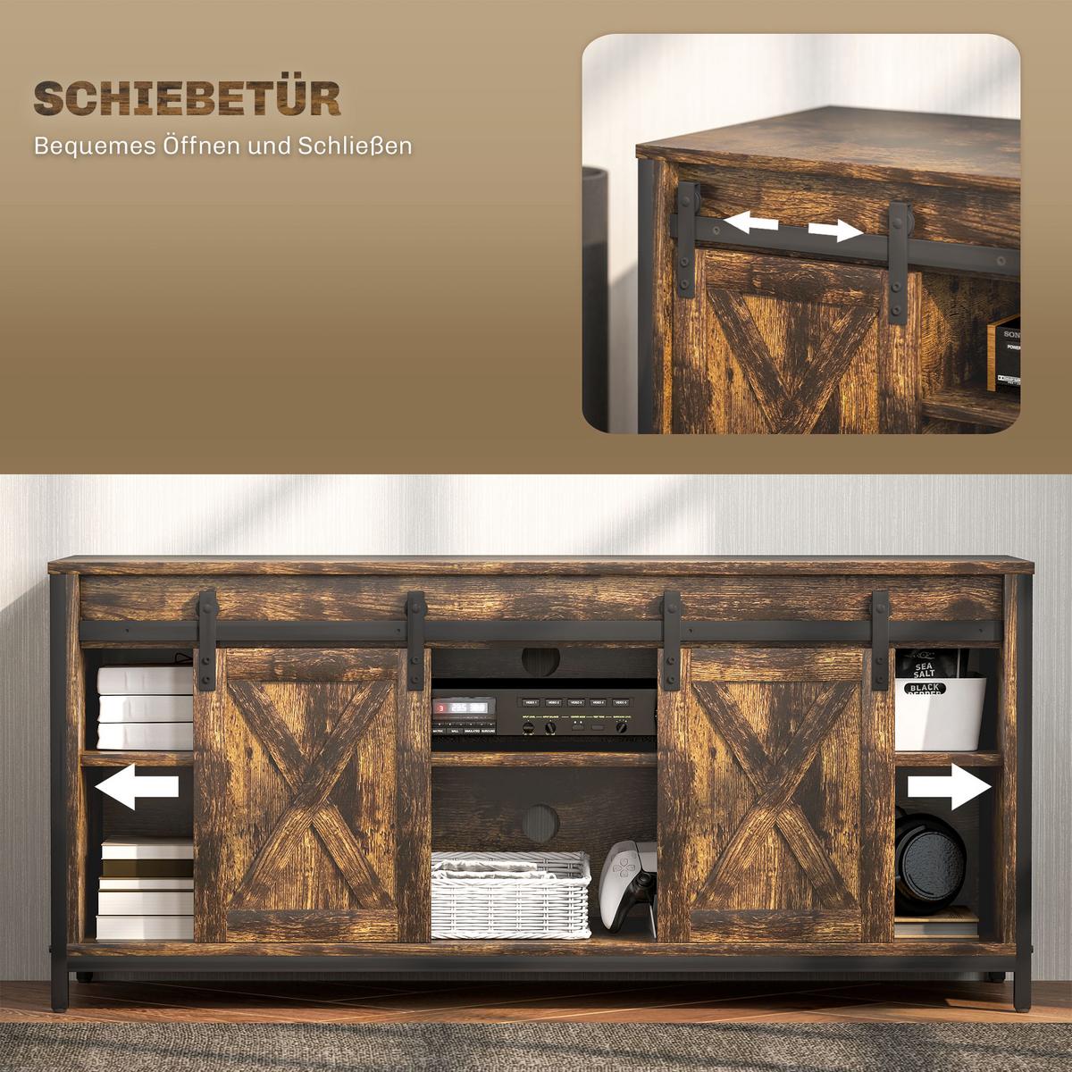 TV-SCHRANK, Fernsehtisch für Fernseher bis zu 60 Zoll, Lowboard, Fernsehschrank - Schwarz/Braun, Holzwerkstoff/Metall (40/54/120cm) - HOMCOM