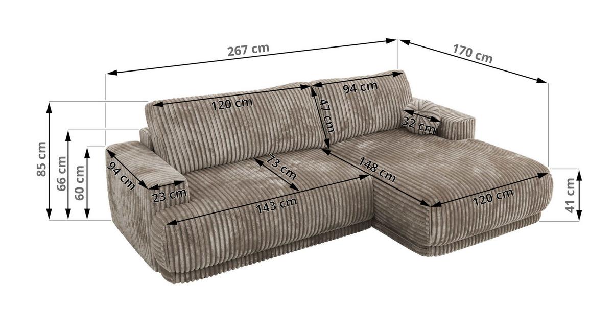 ECKSCHLAFSOFA RINA L Hellbraun Cord - rechts - Hellbraun/Schwarz, Kunststoff/Textil (170/267cm) - MKS