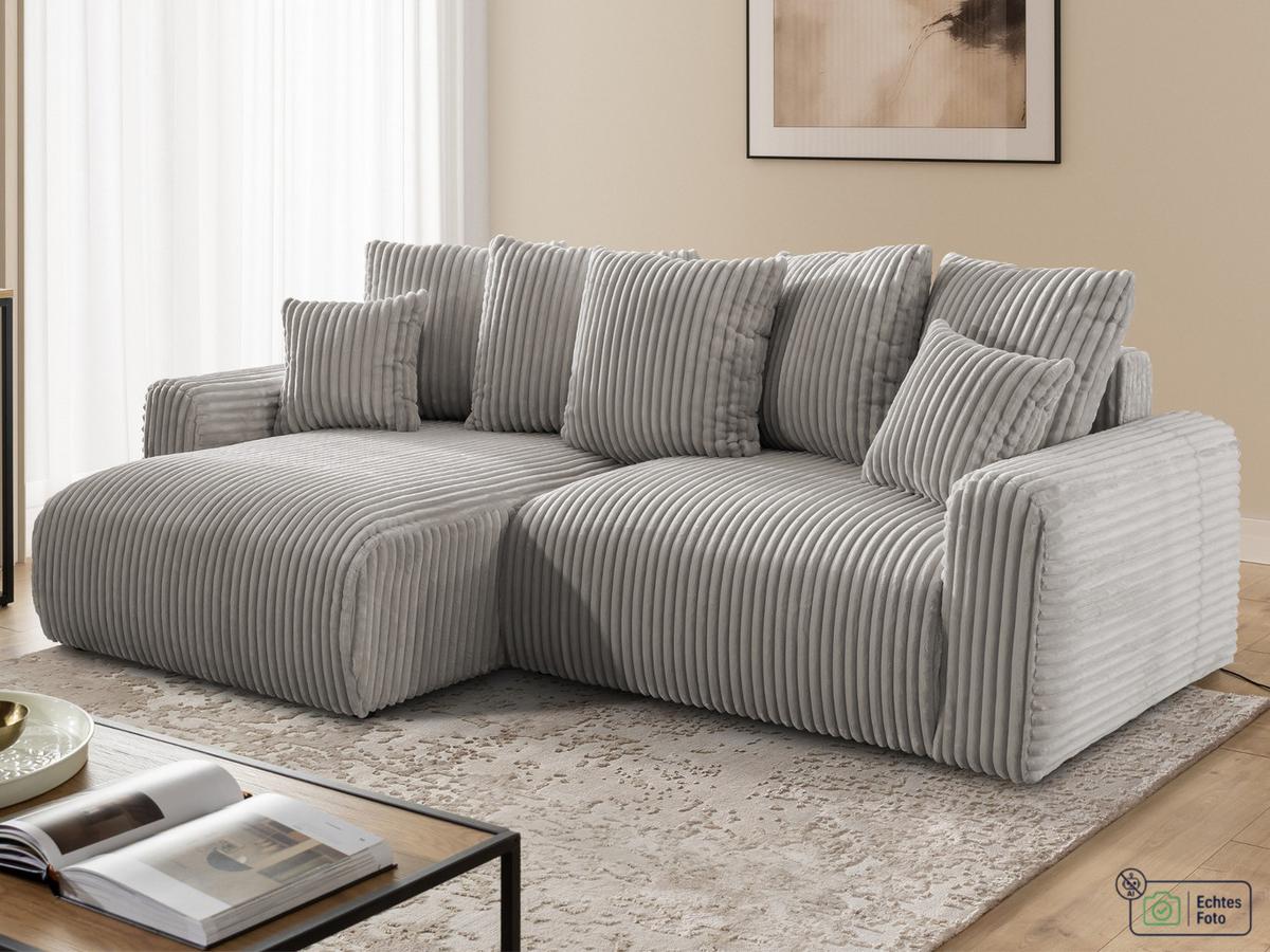 ECKSOFA Calma mit Schlaffunktion und Bettkasten im Bumpy-Design aus weichem Taupe Plüschcord - Ottomane links - Taupe/Schwarz, Holz/Kunststoff (239/140cm) - S-Style
