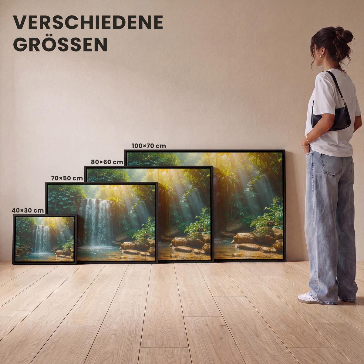 LEINWAND Bilder mit Rahmen - Wasserfall - Dschungel - Sonne - Grün - Natur - 100x70 - Grün, Textil (100/70cm) - MuchoWow