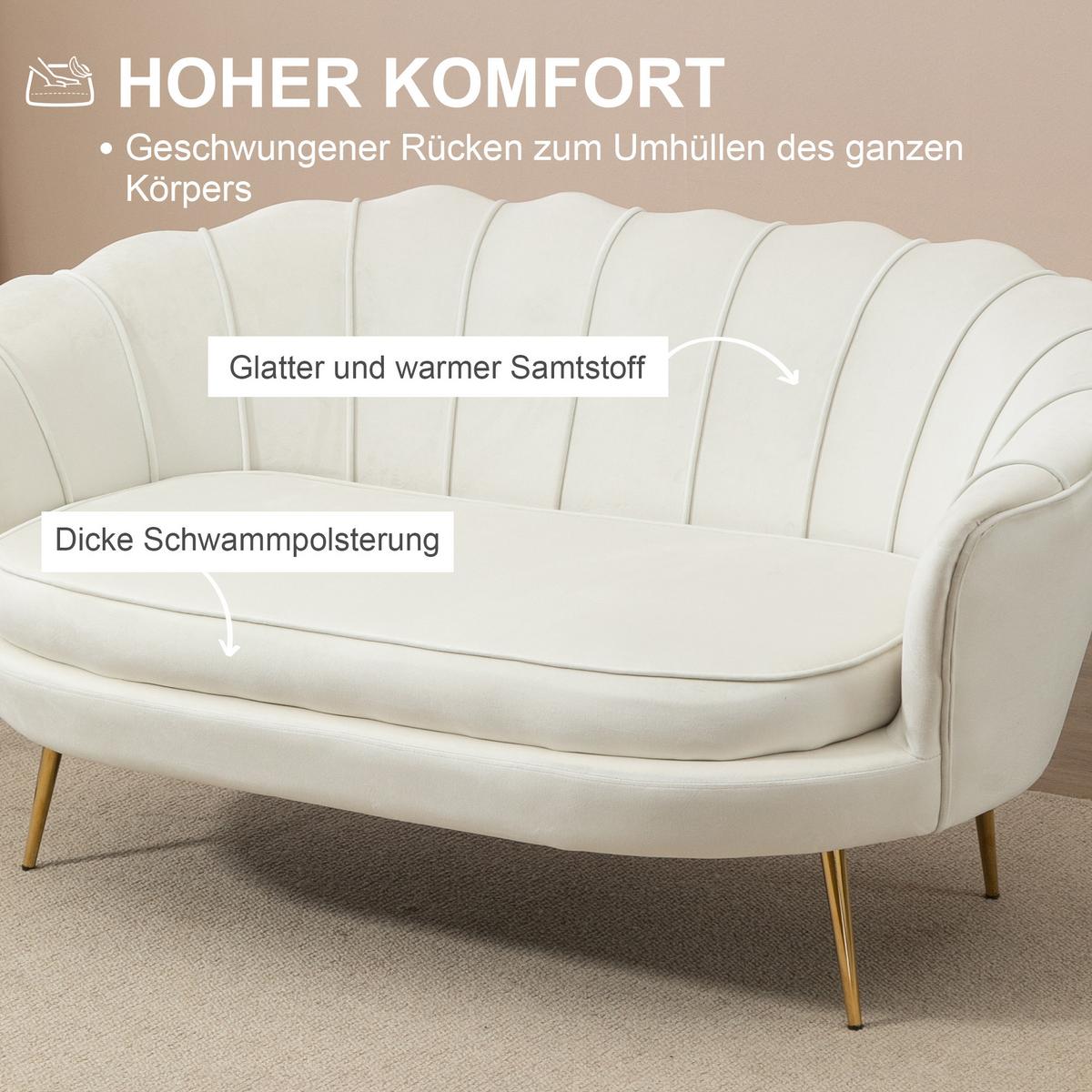 2 Sitzer Sofa, Couch, gepolsterter Polstersofa mit Armlehne, Samtopik Creme - Goldfarben/Creme, Textil/Metall (77/77/130cm) - HOMCOM