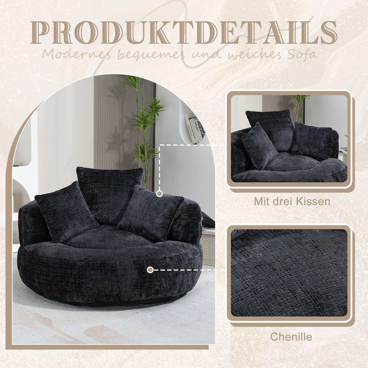 SESSEL chenille bodensessel rund mit kissen - Schwarz, Textil (108/52/108cm) - Urban Meuble