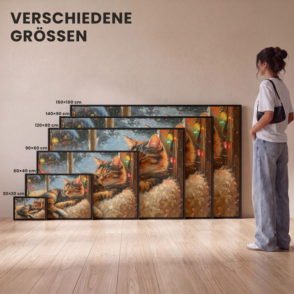LEINWAND Bilder mit Rahmen - Katze - Weihnachten - Winter - Tier - 60x40 - Bernsteinfarben, Textil (60/40cm) - MuchoWow