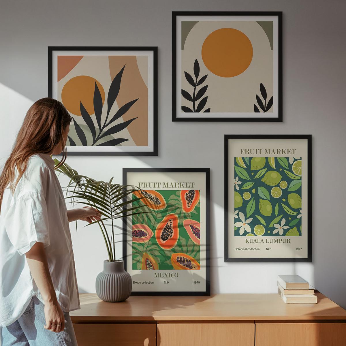 BILDER SET 4er Set - 50x50 cm & 40x60 cm Schwarzer Rahmen - Boho-Papaya-Fruchtmuster - Schwarz, Kunststoff (50/50cm) - TULUP
