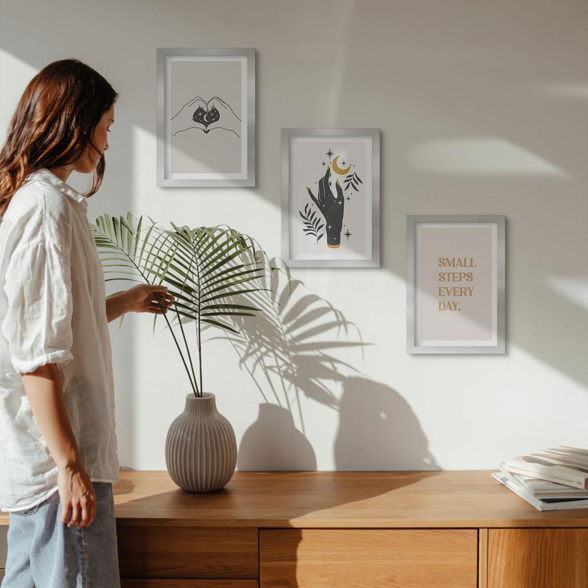 BILDER SET 3er Set - 20x30 cm Silberner Rahmen - Minimalistische Boho-Illustrationen - Silberfarben, Kunststoff (20/30cm) - TULUP