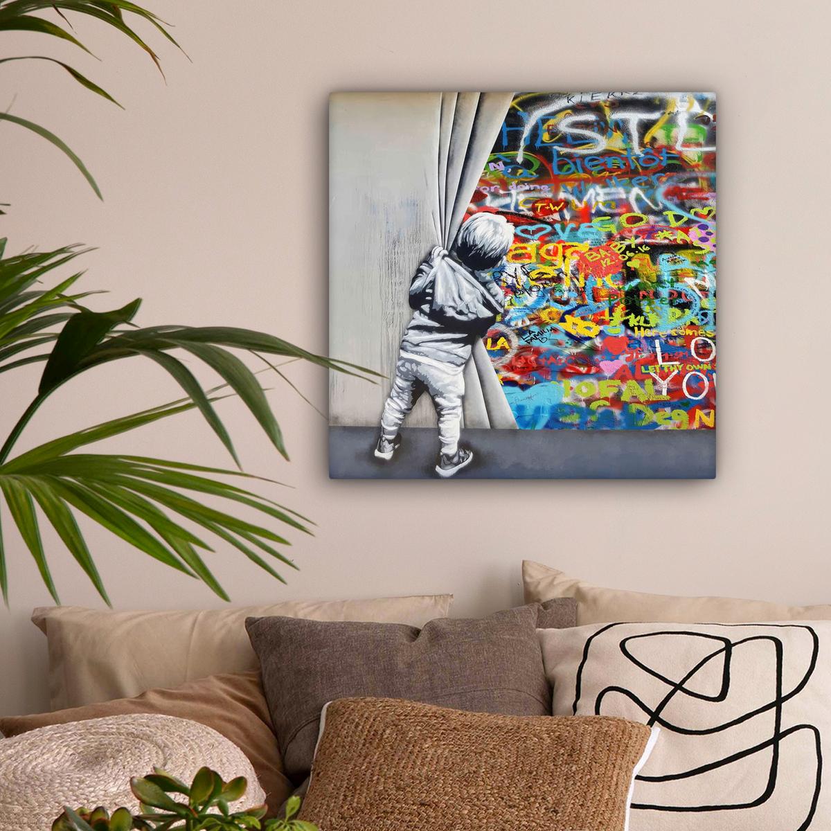 LEINWANDBILD Graffiti - Junge - Ilussie - Straßenkunst Wandbild Wohnzimmer 50x50 cm - Hellgrau, Textil (50/50cm) - MuchoWow