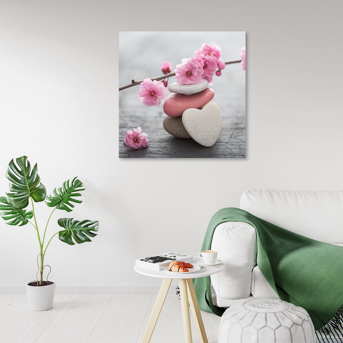 LEINWANDBILD Zen Blume Kirsch Herzstein 40x40cm - Pink, Textil (40/40cm) - Feeby
