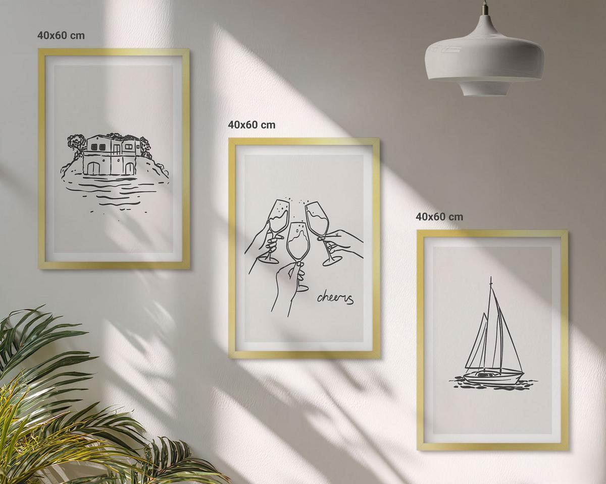 BILDER SET 3er Set - 40x60 cm Goldrahmen - Haus am Wasser, Segelboot-Toast - Goldfarben, Kunststoff (40/60cm) - TULUP
