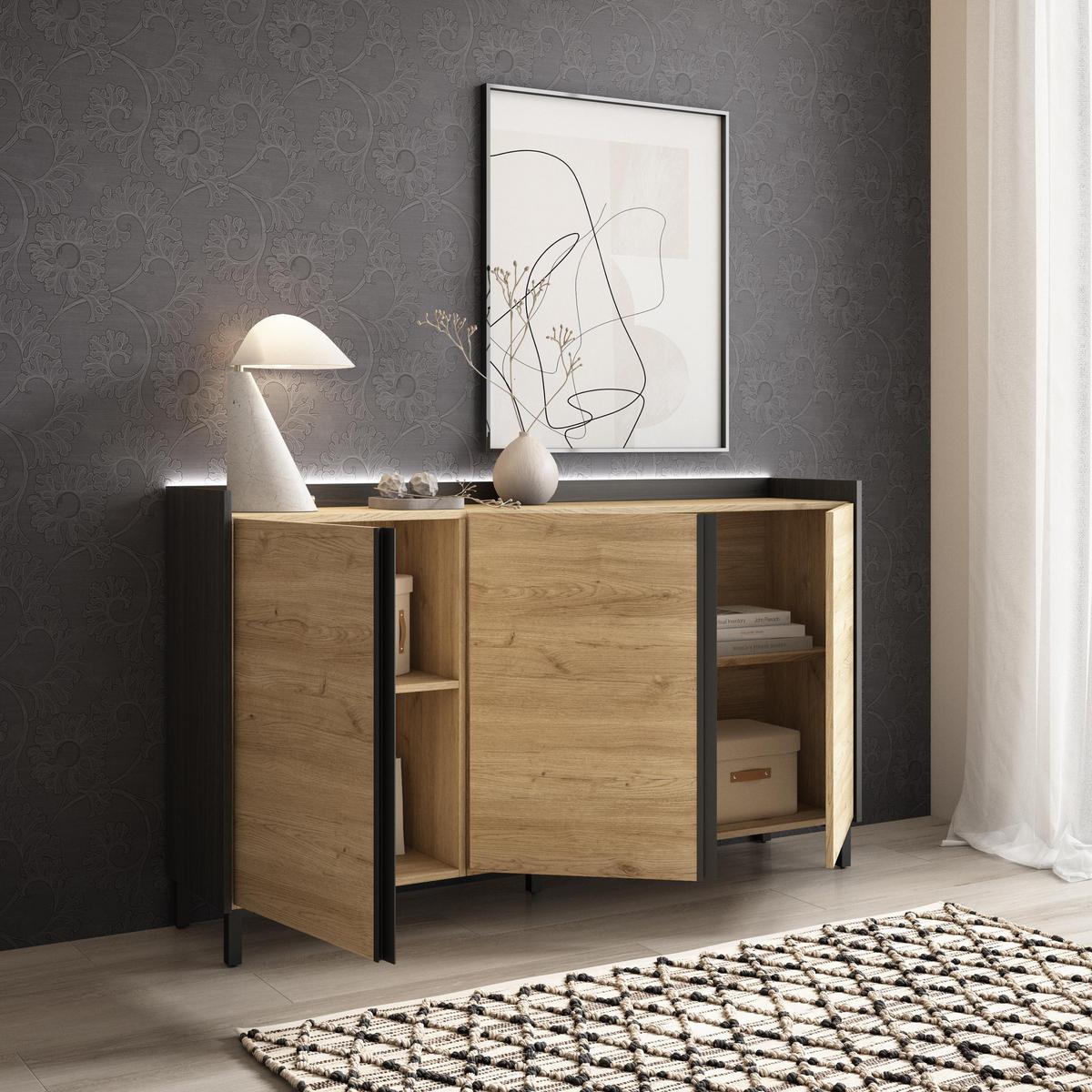 SIDEBOARD, Eiche und Schwarz, 156/35/91cm, mit Beinen - Eichefarben, Holzwerkstoff (156/91/35cm) - Skraut Home