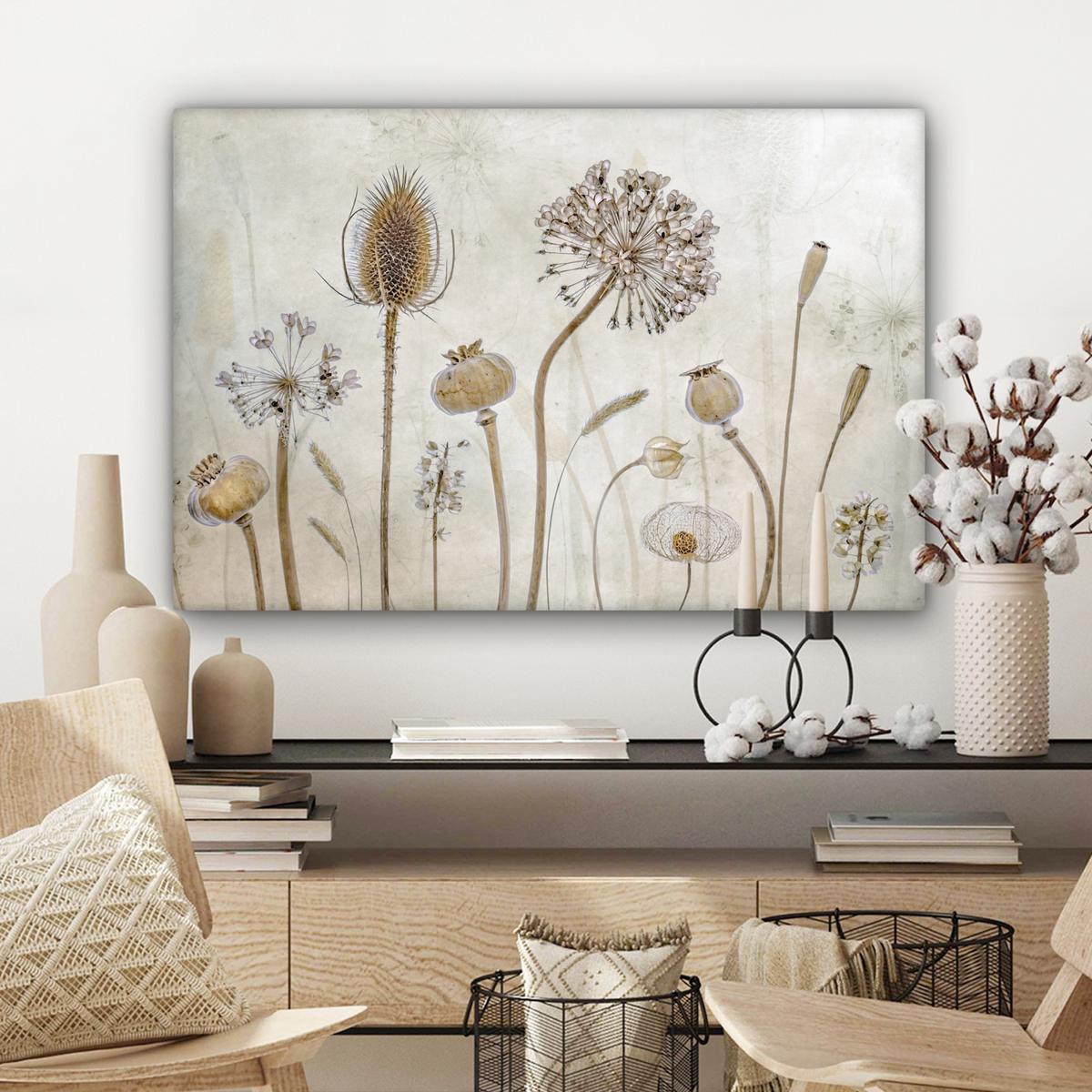 LEINWANDBILD Blumen - Aquarell - Stilleben - Braun - Vintage Gemälde 60x40 cm - Beige, Textil (60/40cm) - MuchoWow