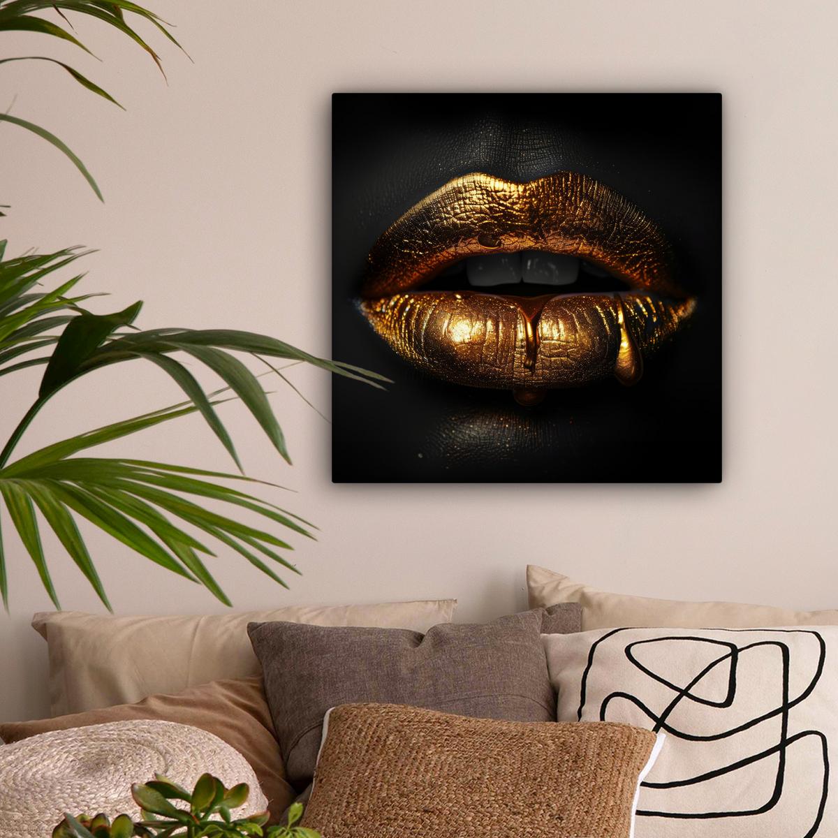 LEINWANDBILD Frau - Porträt - Lippen - Gold - Schwarz Wandbild Wohnzimmer 50x50 cm - Schwarz, Textil (50/50cm) - MuchoWow