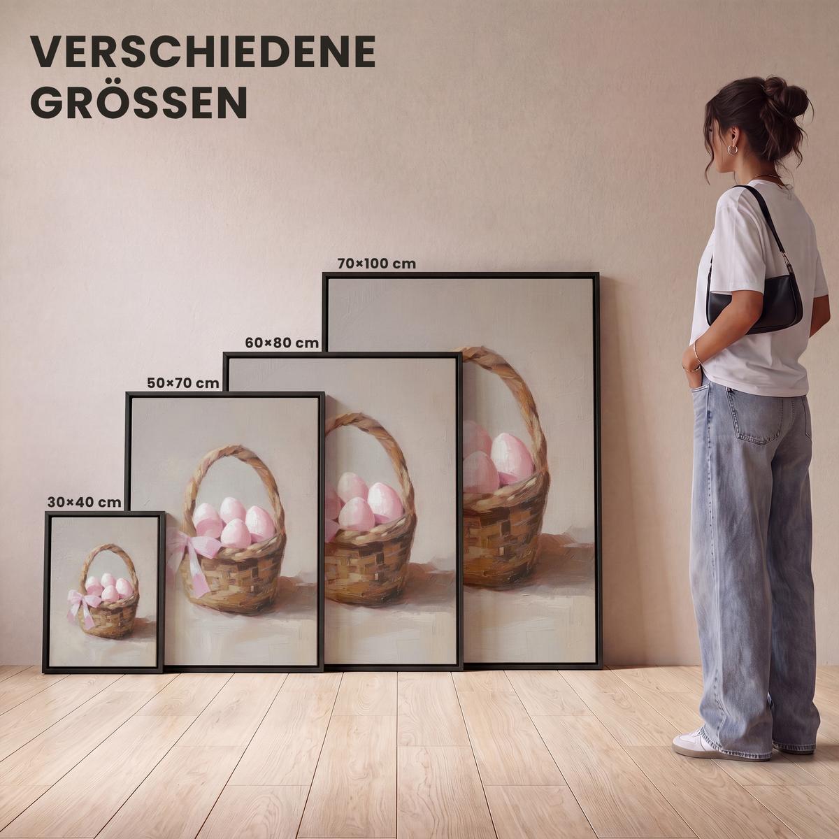 LEINWAND Bilder mit Rahmen - Korb - Eier - Rosa - 30x40 - Beige, Textil (30/40cm) - MuchoWow