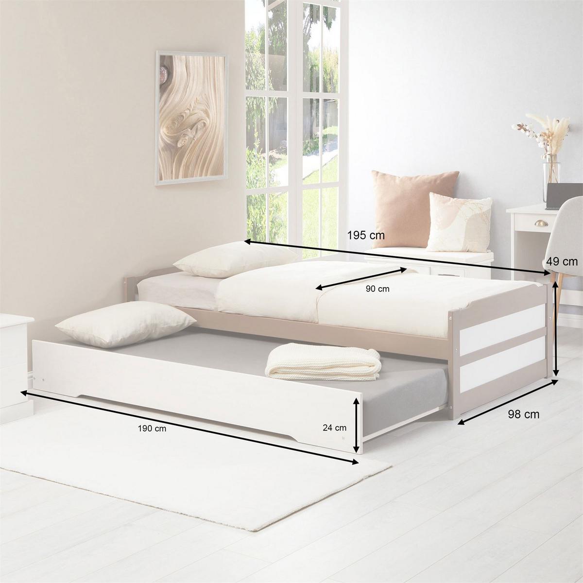 TANDEMBETT LORENA 90x190 cm taupe/weiß - Taupe/Weiß, Holz (90/190cm) - IDIMEX