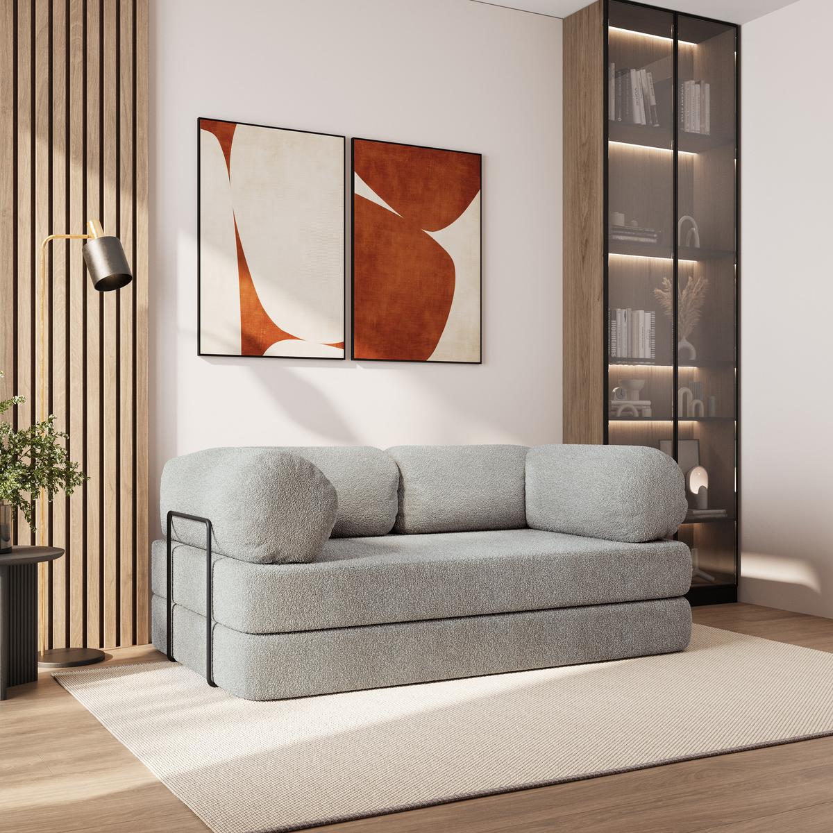 BETTSOFA EIREN aus Schaumstoff Bucle-Stoff Hellgrau Schlaffunktion - Hellgrau, Textil (170/68/80cm) - MASSENO