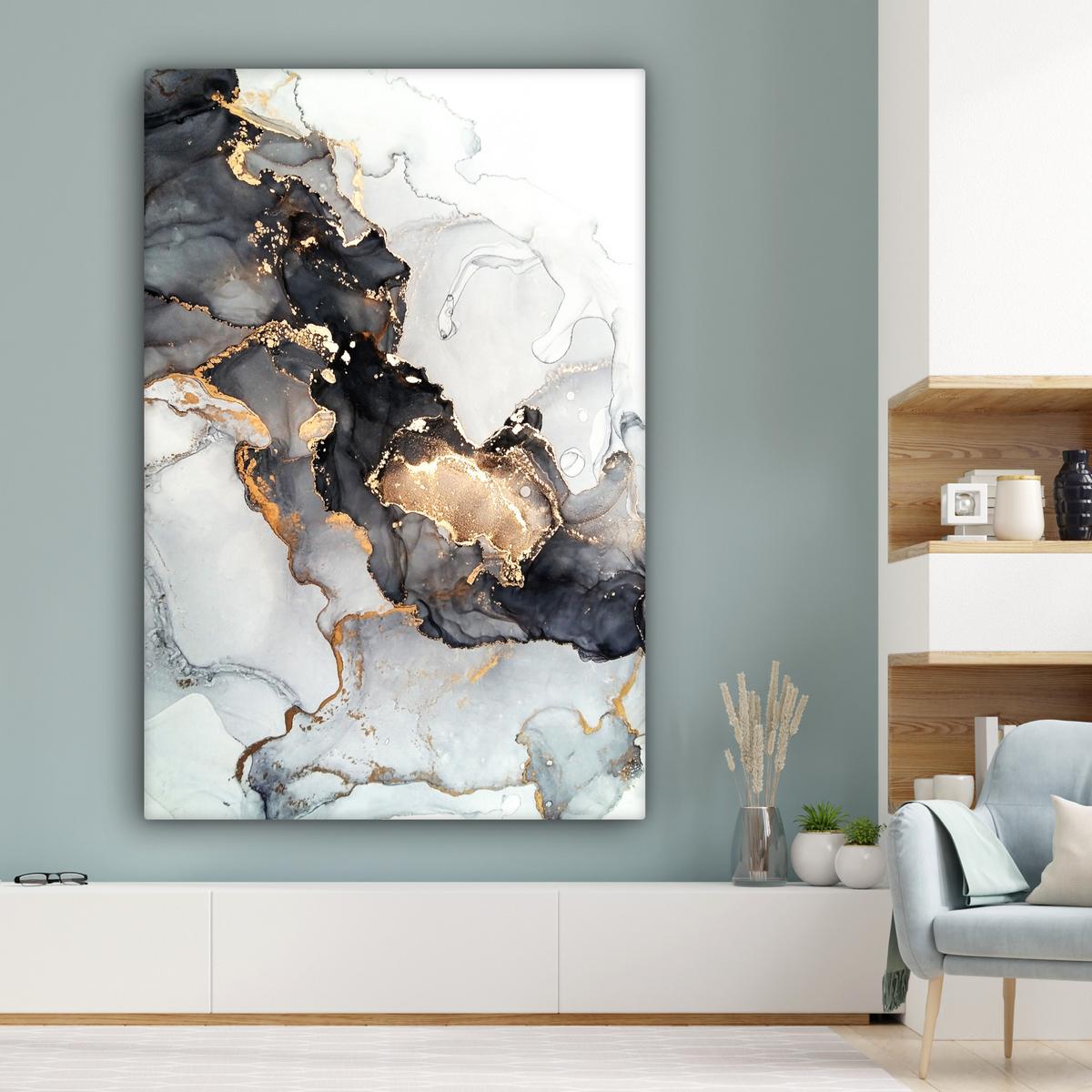 LEINWANDBILD Marmor - Schwarz - Weiß - Gold - Luxus - Abstrakt Deko Groß 90x140 cm - Goldfarben, Textil (90/140cm) - MuchoWow