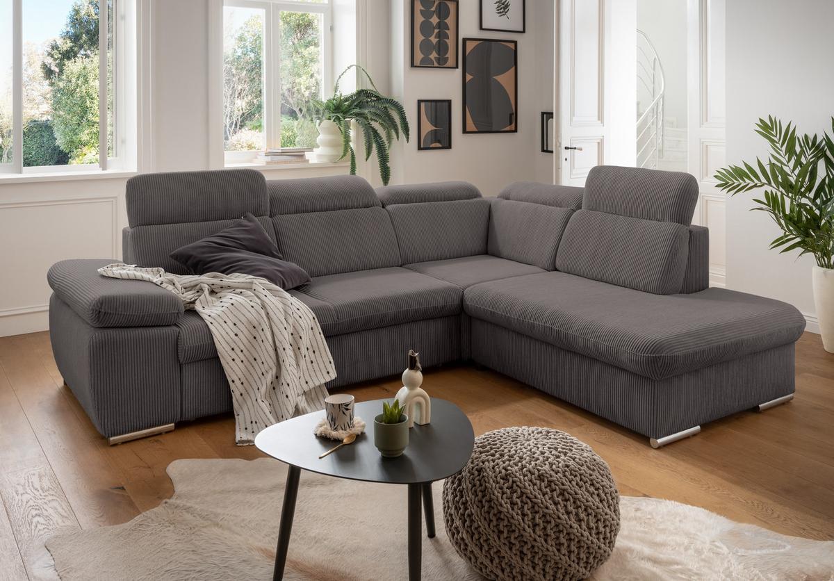 ECKSOFA mit Schlaffunktion, Bettkasten, Kopfstützen verstellbar, Wellenunterfederung, Ottomane rechts B283/T228/H102 cm, Cord Dunkelgrau / 17217 - Chromfarben/Dunkelgrau, Textil/Metall (283/228cm) - luma-home