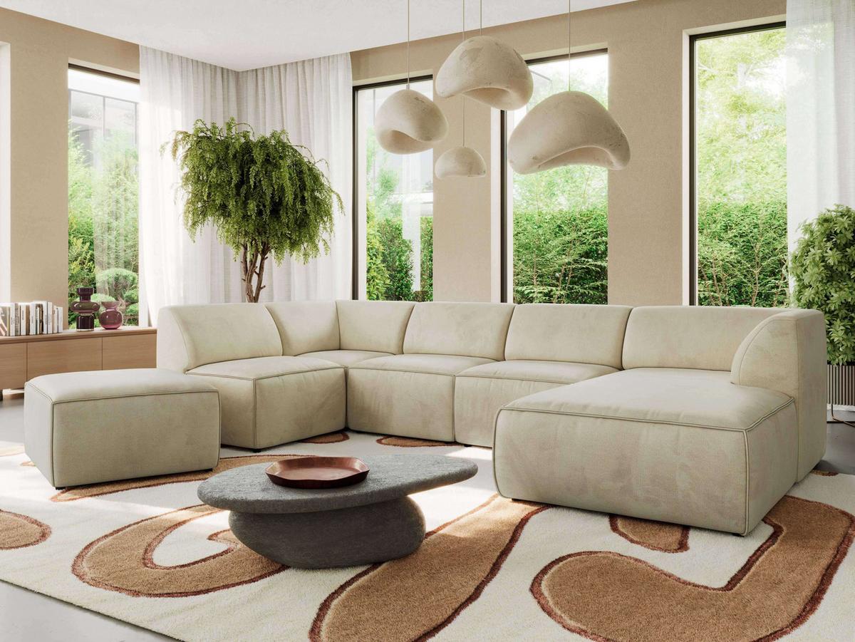 WOHNLANDSCHAFT MODARO U 6M - Beige Velvet - Rechts - Beige/Schwarz, Textil (345/78/180cm) - MKS