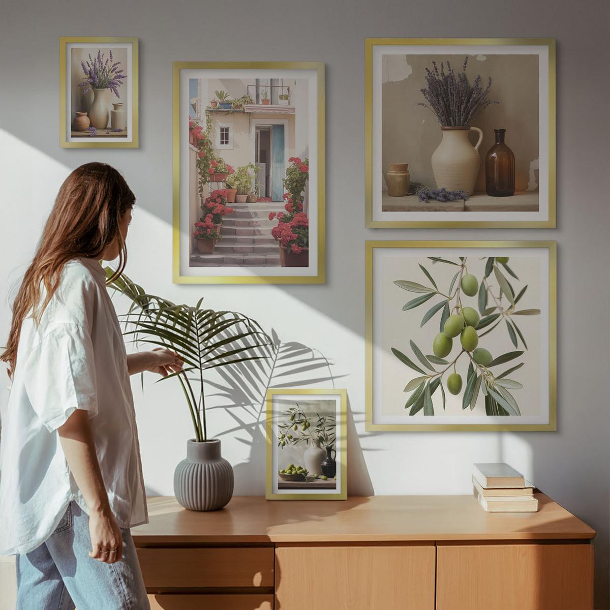 BILDER SET 5er Set - 50x50 cm & 20x30 cm & 40x60 cm Goldrahmen - Oliven in Keramikgrau - Goldfarben, Kunststoff (40/60cm) - TULUP