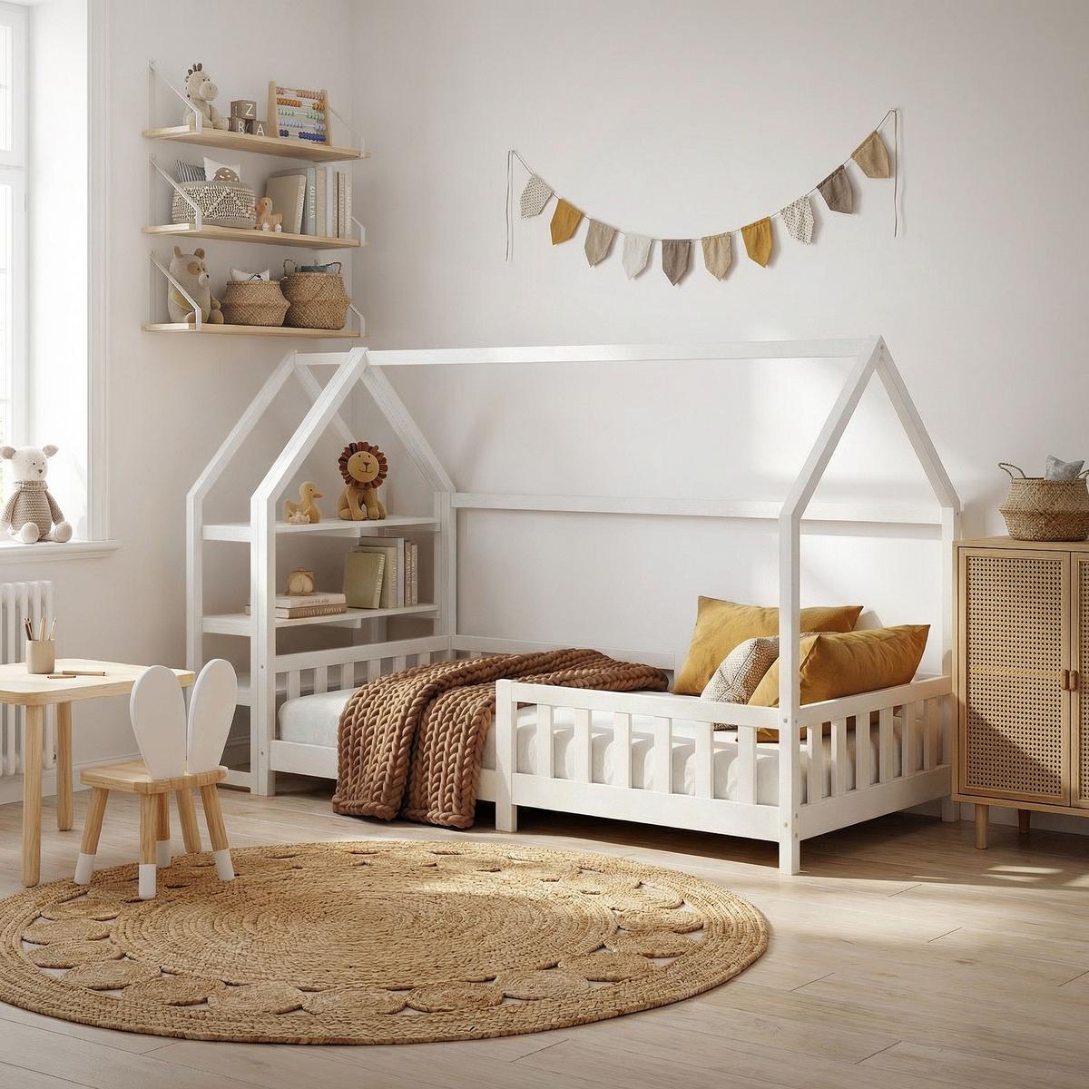 KINDERBETT 90x200 cm mit Matratze & Regal Weiß aus Kiefernholz - Weiß, Holz (90/200cm) - ML-DESIGN