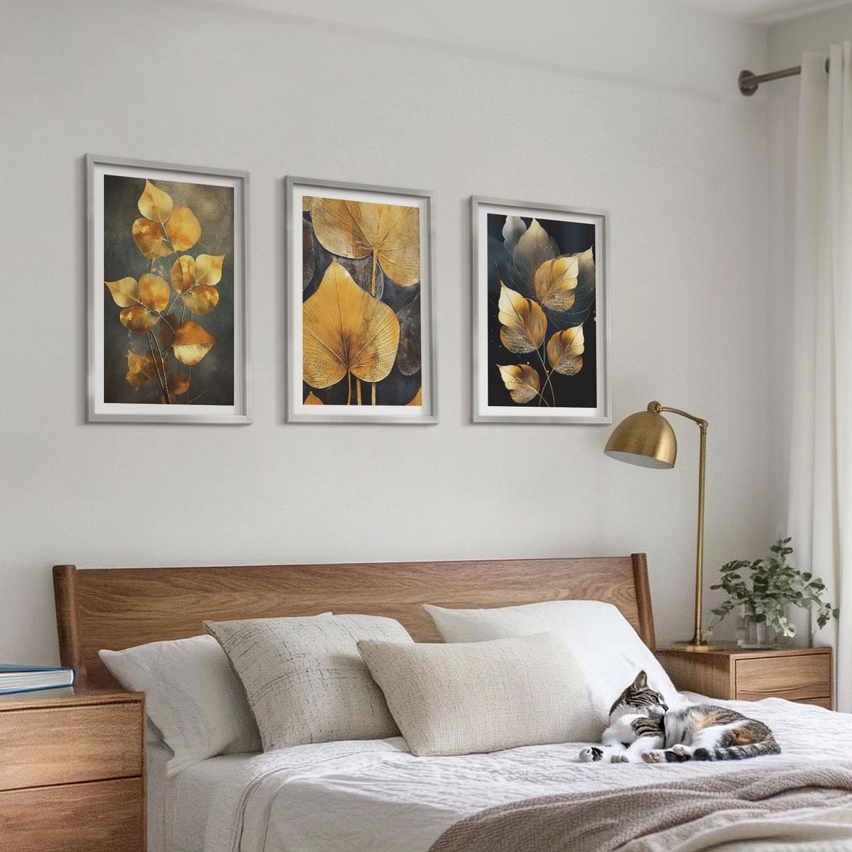 BILDER SET 3er Set - 40x60 cm Silberner Rahmen - Gelbe Blätter auf dunklem Hintergrund - Silberfarben, Kunststoff (40/60cm) - TULUP