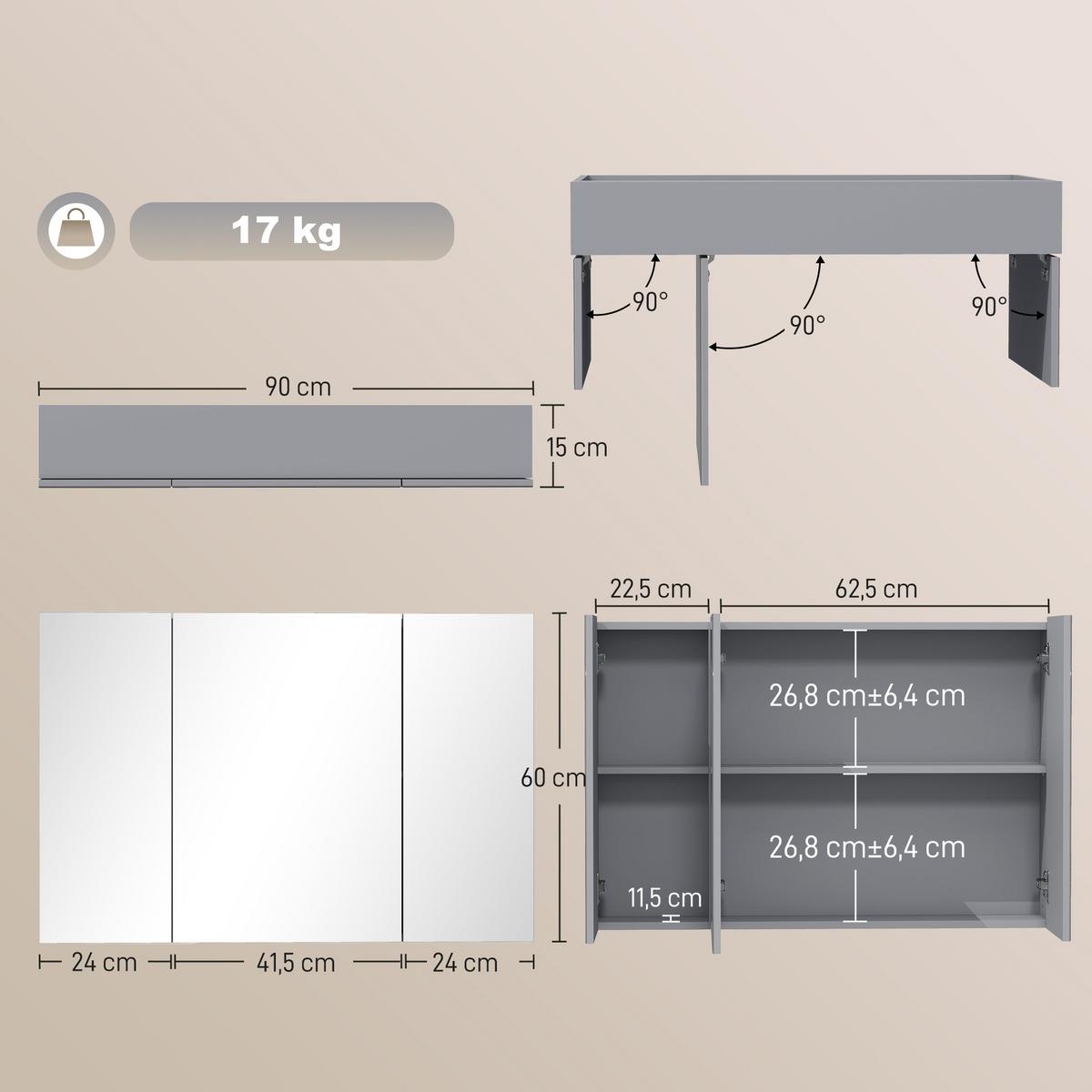 SPIEGELSCHRANK MDF Grau - Grau, Holzwerkstoff (15/60/90cm) - Kleankin