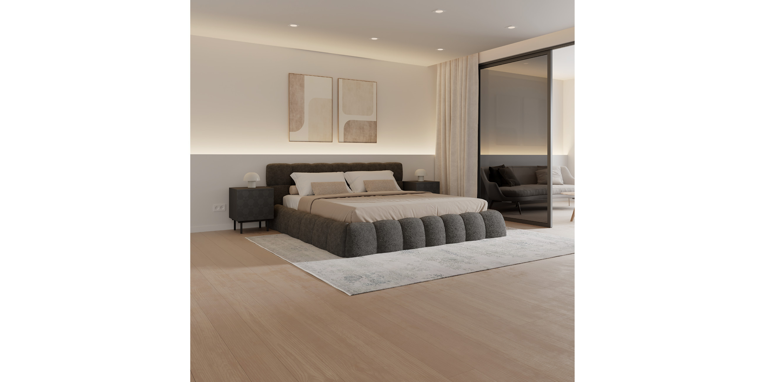 Dunkelgraues Polsterbett, schwarzes Nachtkästchen