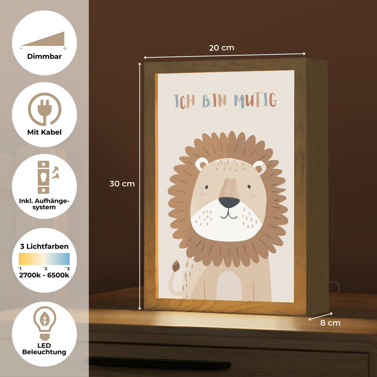NACHTTISCHLAMPE Löwe - Beige - Tier - Mutig - Zitat 20x30 cm - Beige, Holzwerkstoff (8/20/30cm) - OnlyWow