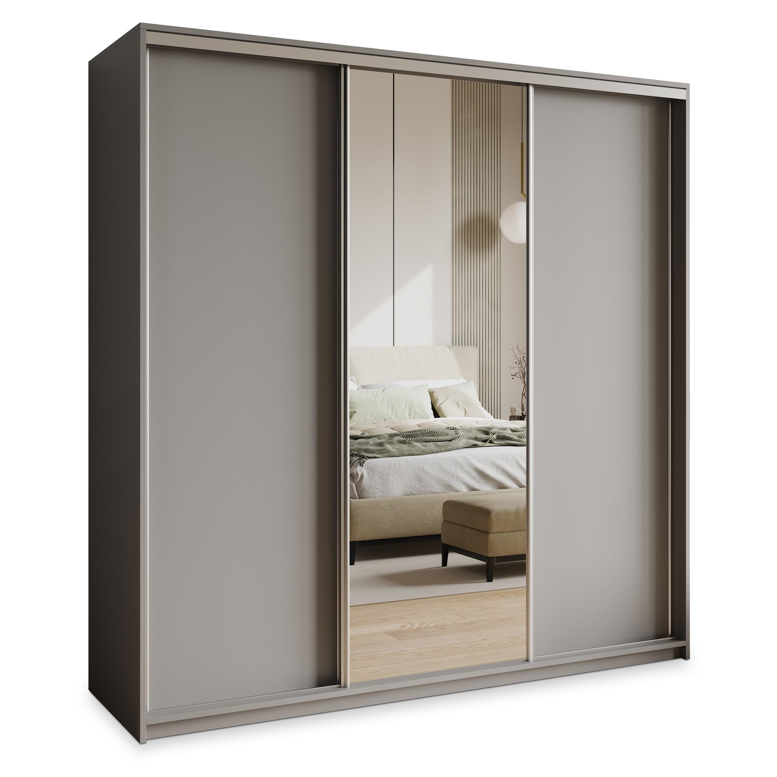 SCHWEBETÜRENSCHRANK TAVI 180/205/60 cm 3-türig mit Spiegel und Schubladen Graphitfarben - Graphitfarben/Nickelfarben, Holzwerkstoff (180/205/60cm) - MASSENO