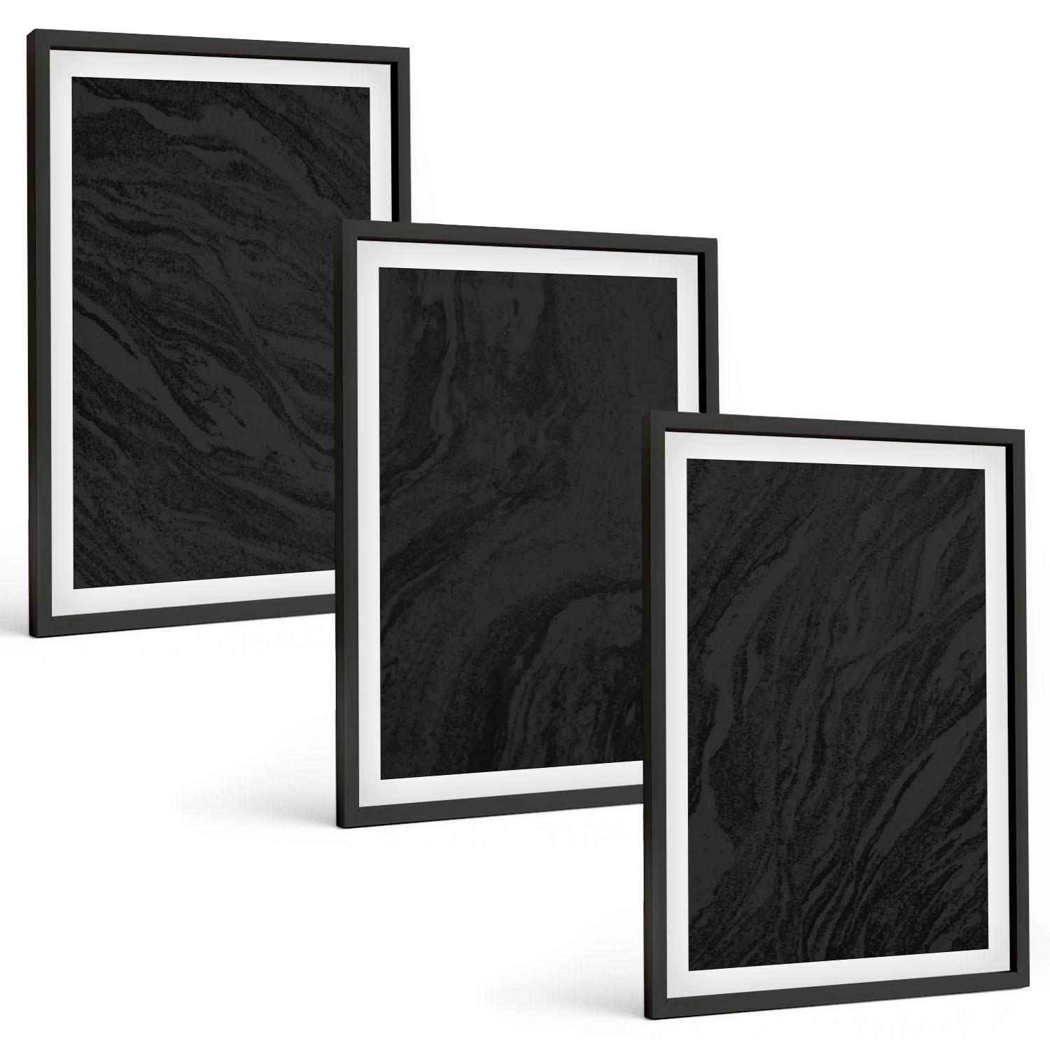 BILDER SET 3er Set - 40x60 cm Schwarzer Rahmen - Dunkler Marmor, elegante Texturen - Schwarz, Kunststoff (40/60cm) - TULUP