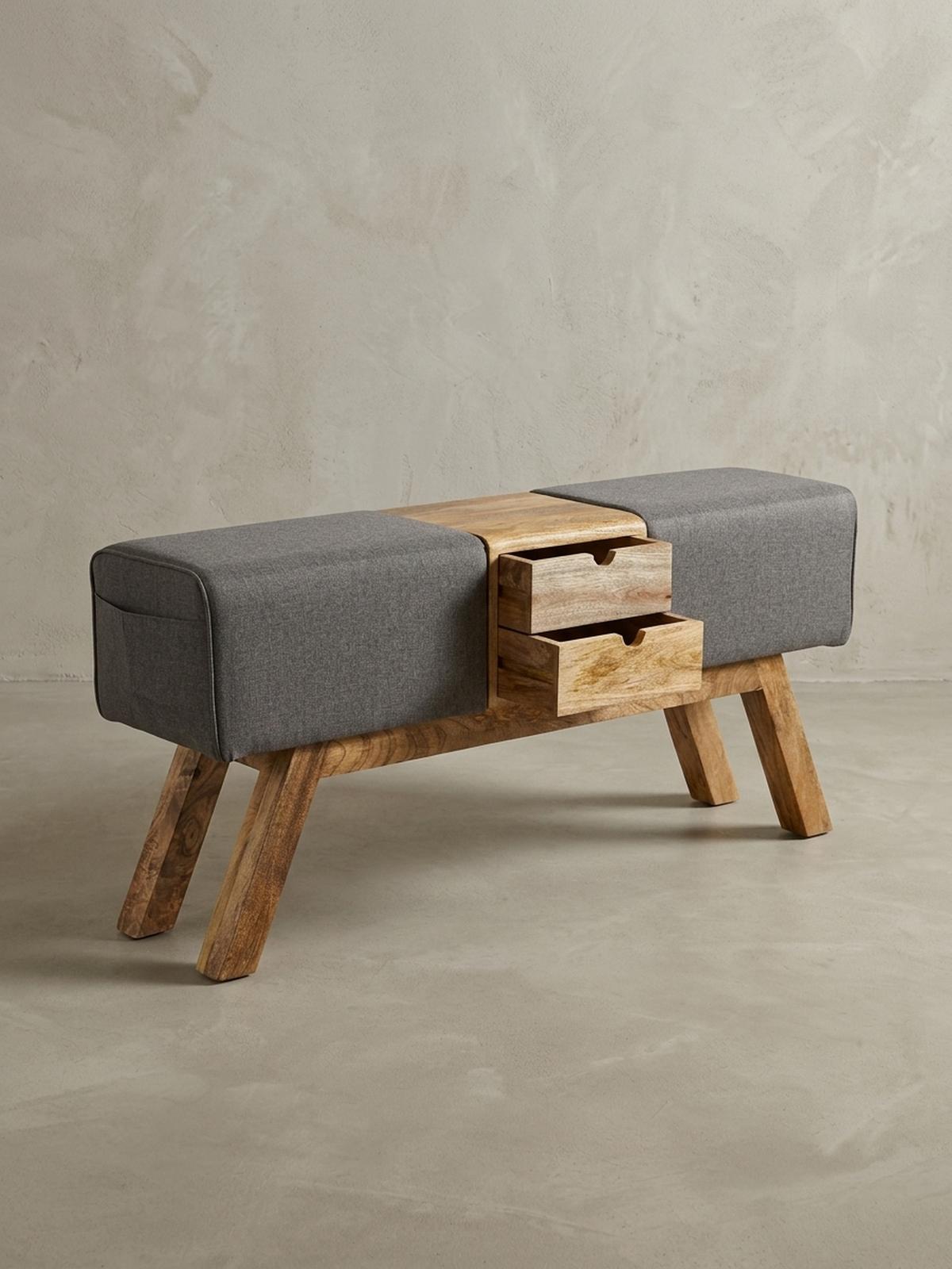 SITZBANK Massivholz Stoffbezug mit 2 Schubladen, Grau 120x30x56 cm - Braun/Grau, Mangoholz/Textil (120/56/30cm) - KADIMA DESIGN