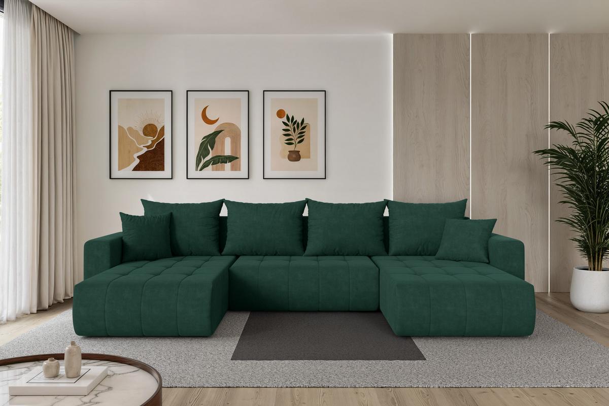 WOHNLANDSCHAFT mit Schlaffunktion und Bettkasten MILA-U 378x194x86 Grün Velours - Schwarz/Grün, Holzwerkstoff/Kunststoff (378/86/194cm) - ALTDECOR