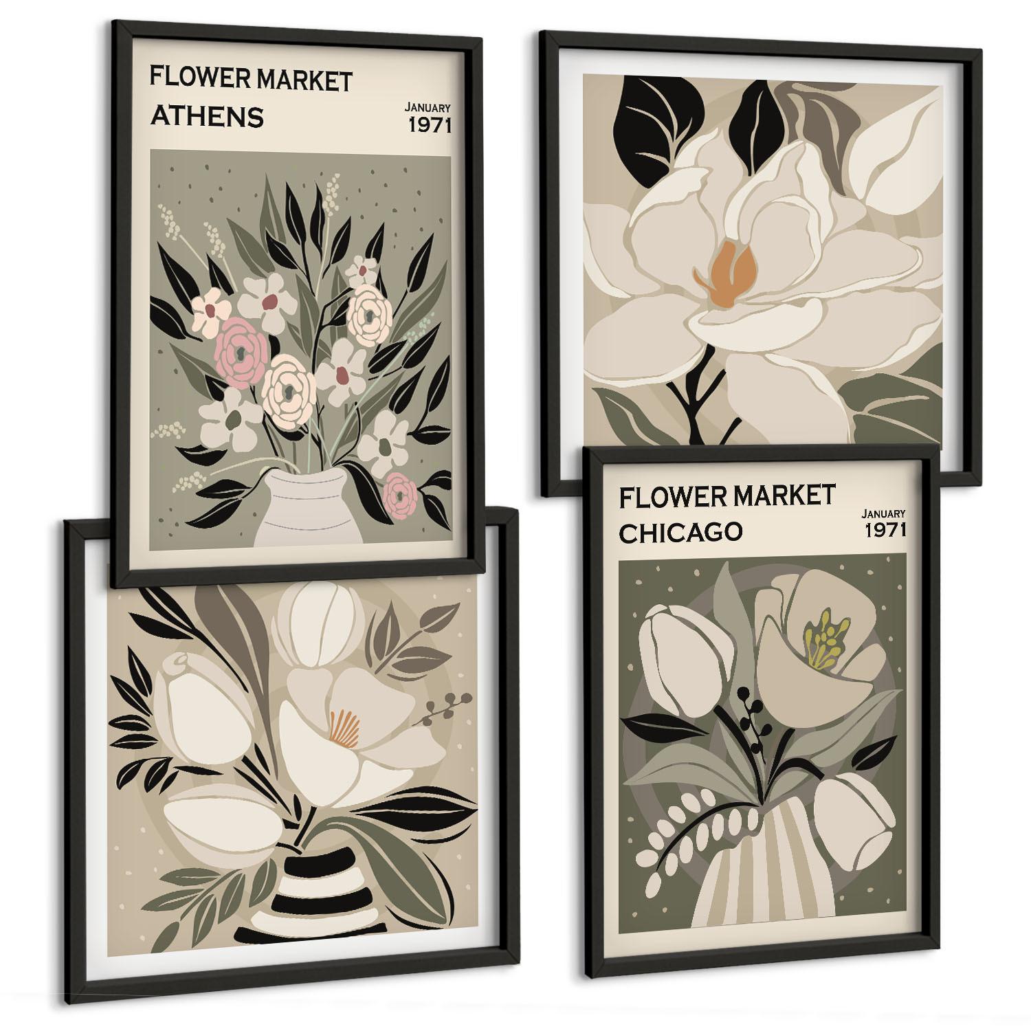 BILDER SET 4er Set - 50x50 cm & 40x60 cm Schwarzer Rahmen - Retro-Blumenmuster aus verschiedenen Städten - Schwarz, Kunststoff (50/50cm) - TULUP