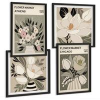 BILDER SET 4er Set - 50x50 cm & 40x60 cm Schwarzer Rahmen - Retro-Blumenmuster aus verschiedenen Städten - Schwarz, Kunststoff (50/50cm) - TULUP