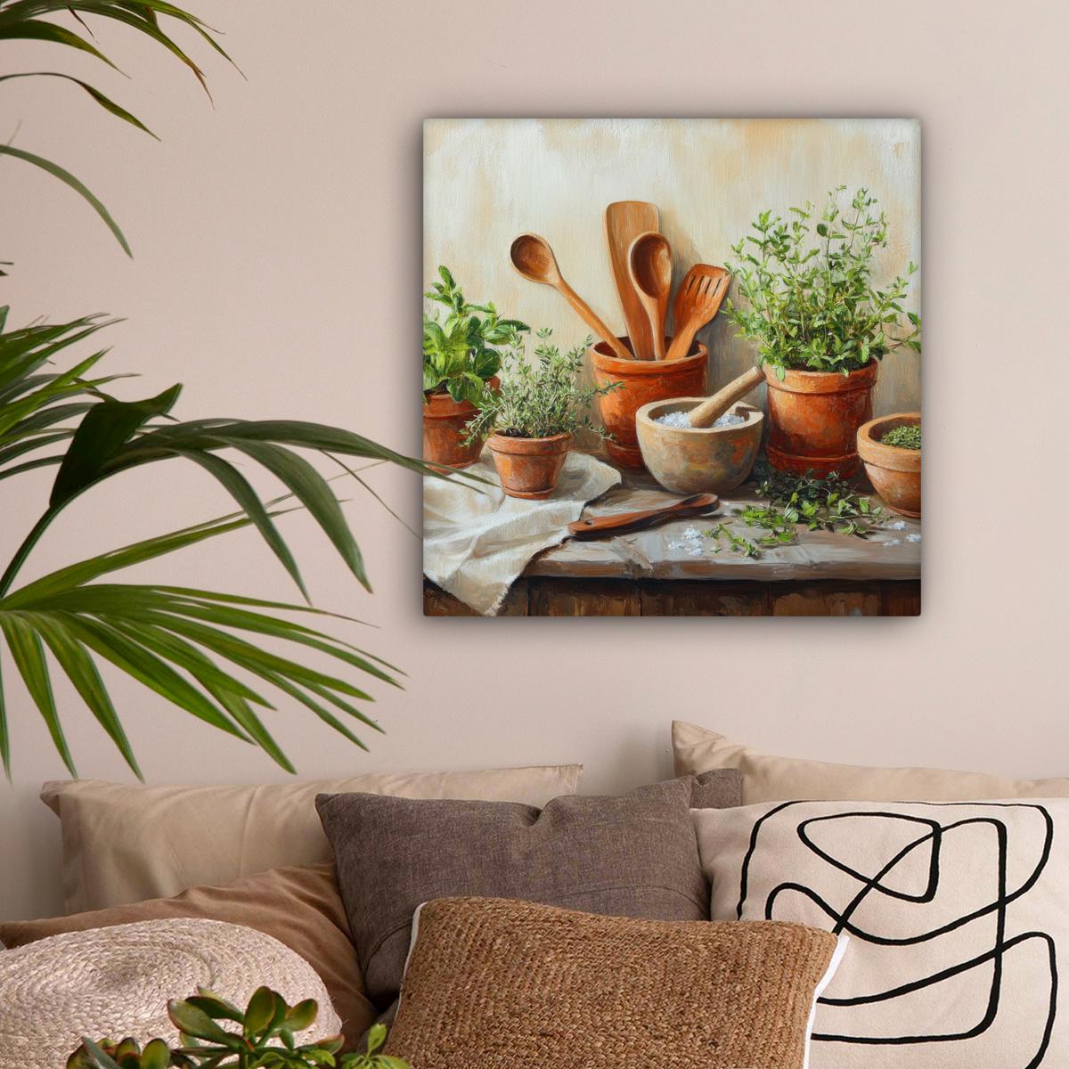 LEINWANDBILD Töpfe - Kräuter - Holz Wandbild Wohnzimmer 50x50 cm - Terracotta, Textil (50/50cm) - MuchoWow