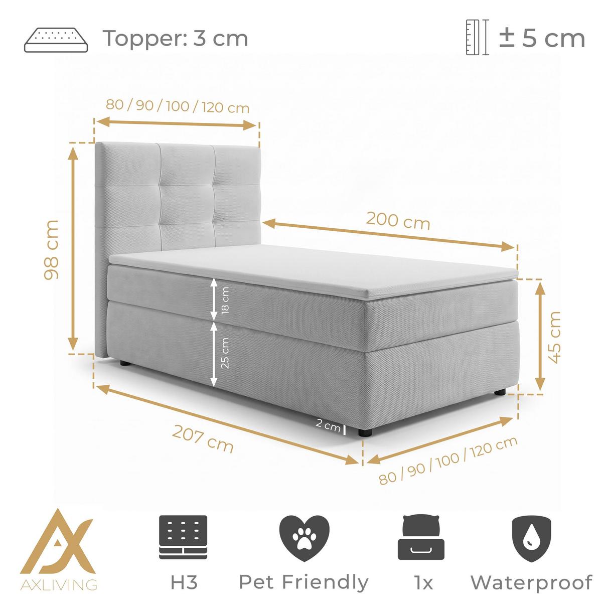 BOXBETT SAKARYA 80x200 cm mit Bettkasten und Matratze - Hellgrau + TOPPER - Hellgrau/Schwarz, Holz/Holzwerkstoff (80/200cm) - AX Living