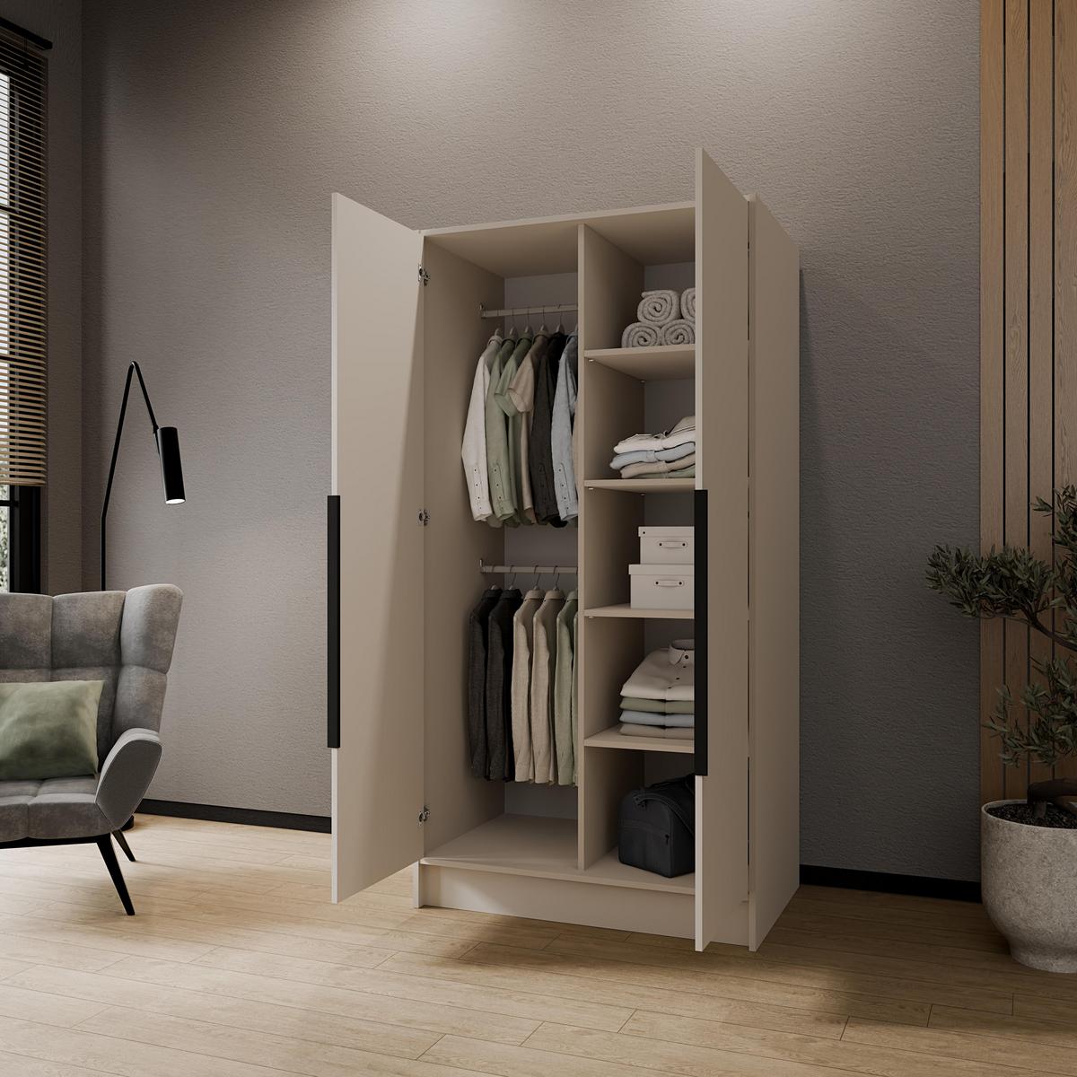 DREHTÜRENSCHRANK Pavia ohne Spiegel, Kaschmir mit mit schwarzen Griffen, 100 cm - Kaschmir/Schwarz, Holzwerkstoff (100/200/51cm) - Beautysofa