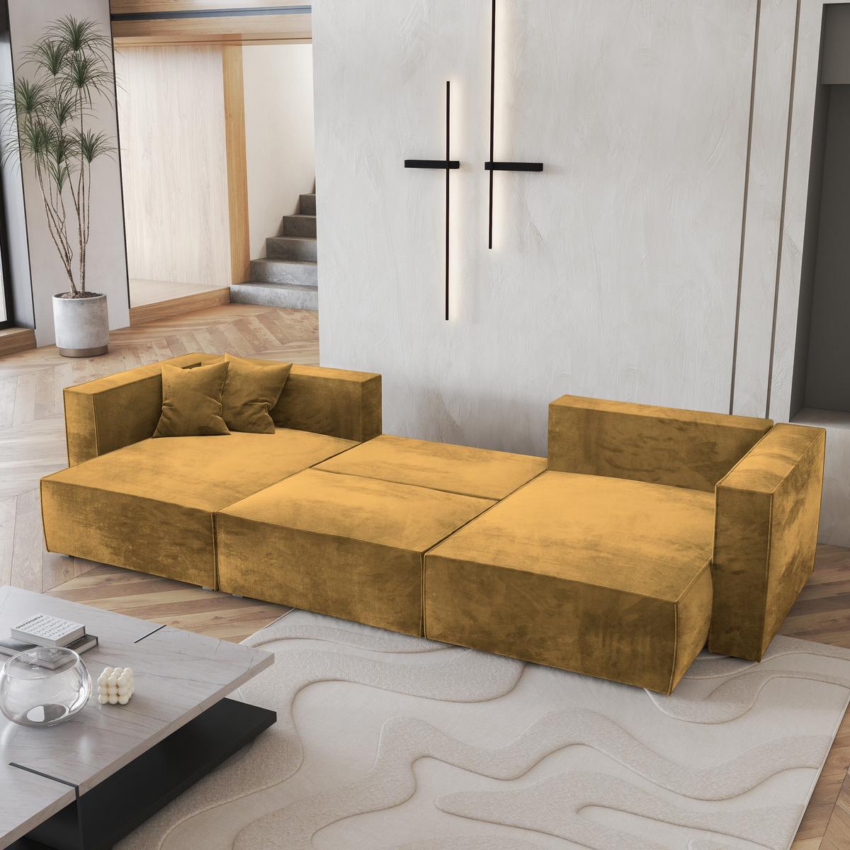 WOHNLANDSCHAFT SARMO M Gelb Velours-Stoff mit Schlaffunktion - Gelb/Grau, Holz/Kunststoff (347/70/148cm) - MASSENO
