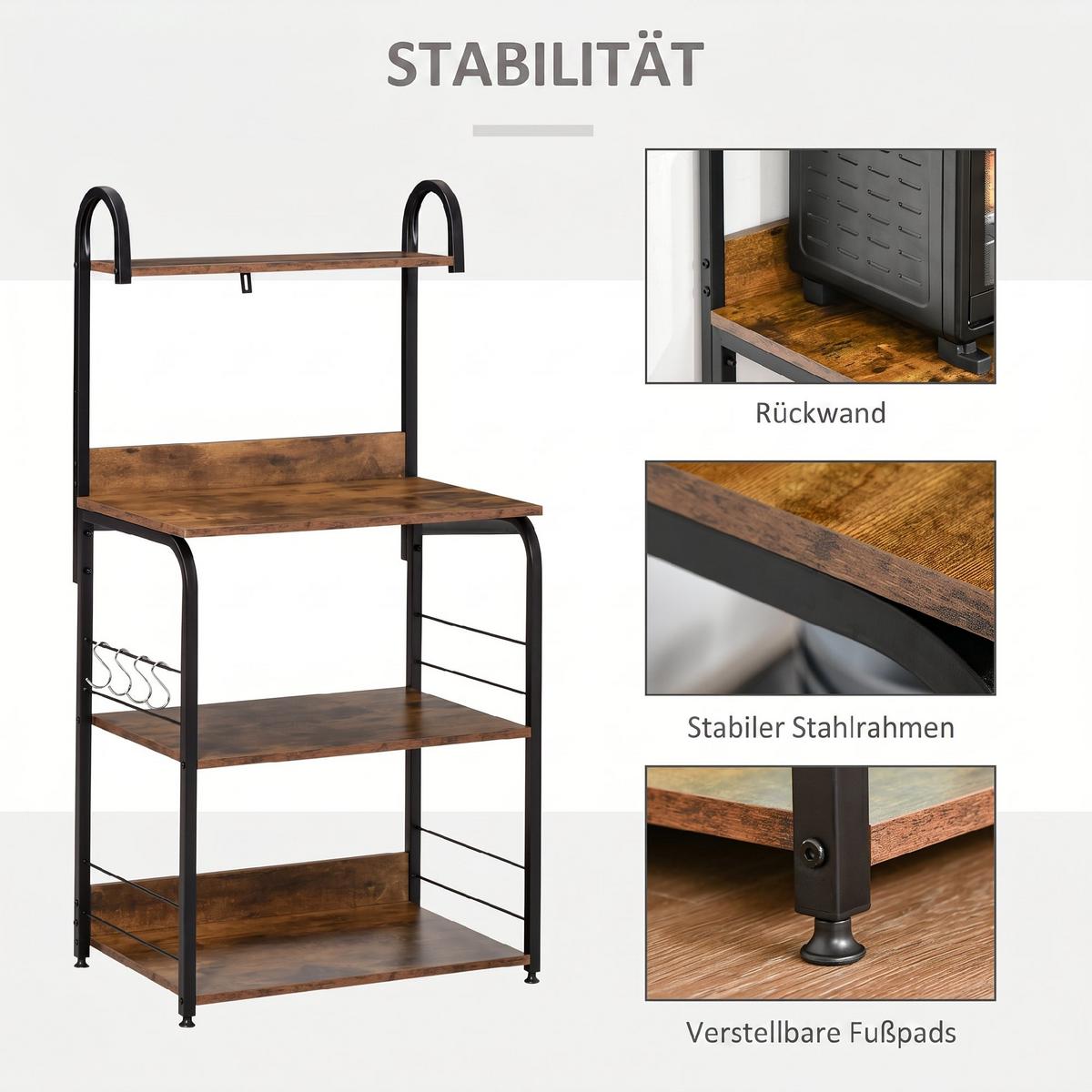 KÜCHENREGAL Holzwerkstoff Stahl Rustikal Braun - Braun, Holzwerkstoff (40/125/60cm) - HOMCOM