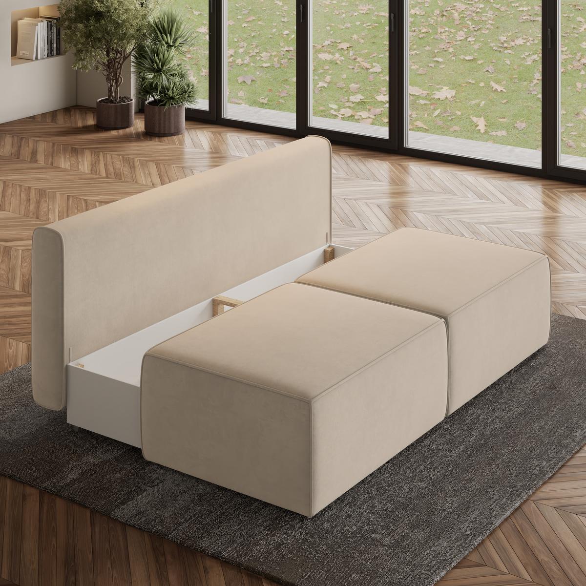 ECKSOFA VARNA M Creme Velours-Stoff mit Schlaffunktion - Creme/Grau, Holz/Kunststoff (196/158cm) - MASSENO