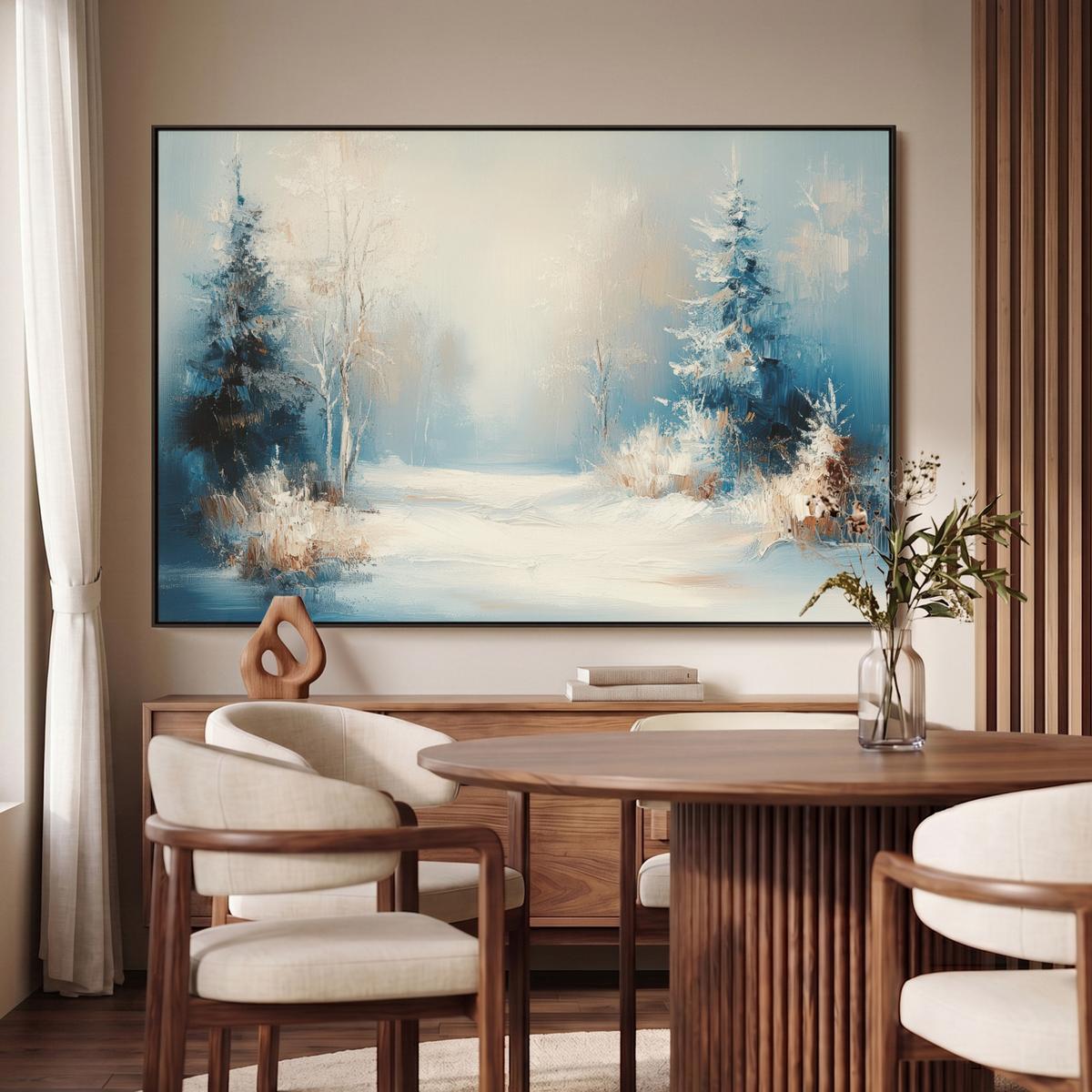 LEINWAND Bilder mit Rahmen - Wald – Winter – Natur – Abstrakt – Schnee - 150x100 - Weiß, Textil (150/100cm) - MuchoWow