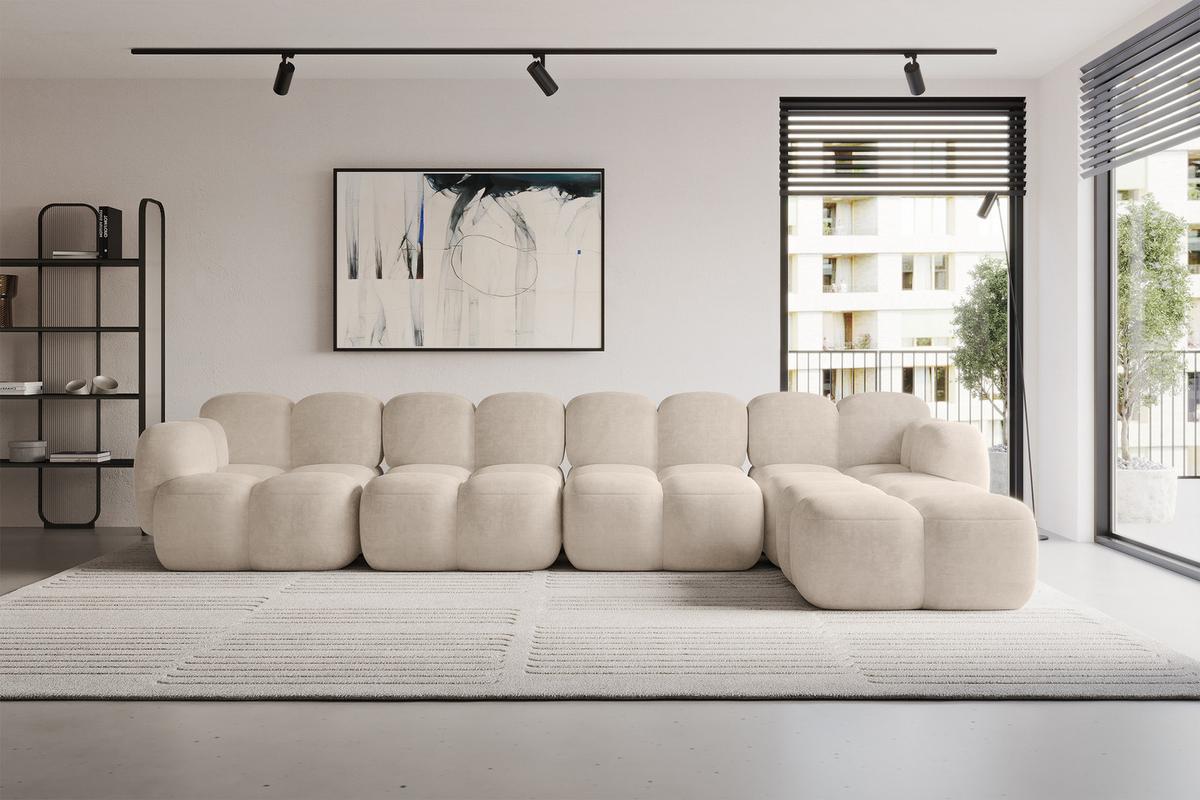 ECKSOFA modulares Sofa Rechts Miko-L3 390x205x75 Beige Velours - Ecru/Schwarz, Holzwerkstoff/Kunststoff (390/205cm) - ALTDECOR