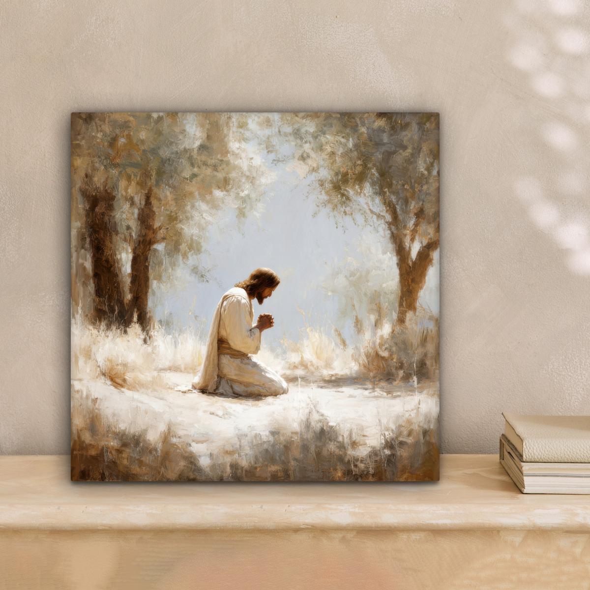 LEINWANDBILD Jesus - Kniend - Waldlandschaft - Betend Deko Wohnzimmer 20x20 cm - Beige/Hellblau, Textil (20/20cm) - MuchoWow