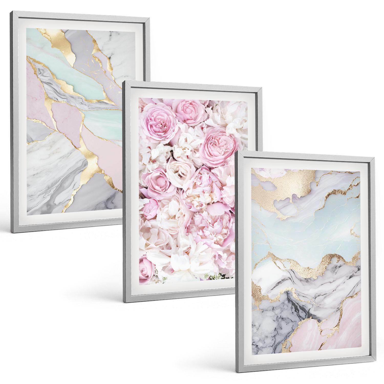 BILDER SET 3er Set - 40x60 cm Silberner Rahmen - Rosa Blumen Marmor Pastell - Silberfarben, Kunststoff (40/60cm) - TULUP