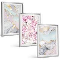 BILDER SET 3er Set - 40x60 cm Silberner Rahmen - Rosa Blumen Marmor Pastell - Silberfarben, Kunststoff (40/60cm) - TULUP
