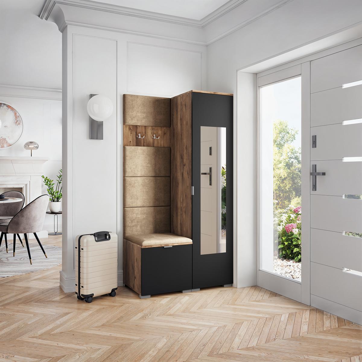 GARDEROBENSCHRANK VIRA 95/181/51 cm Modern Garderobe-Set Eiche Lefkas - Eichefarben/Schwarz, Holzwerkstoff (95/181/51cm) - MASSENO
