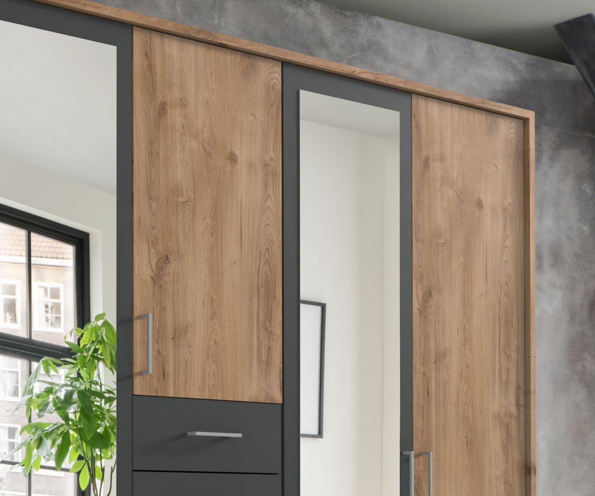 DREHTÜRENSCHRANK Kleiderschrank B228/H210/T58 cm mit Passepartout, Schubkästen & 2 Spiegeltüren, Eiche Dekor mit Absetzungen in Grafit / 22600 - Eichefarben/Silberfarben, Holzwerkstoff/Kunststoff (228/210/58cm) - luma-home